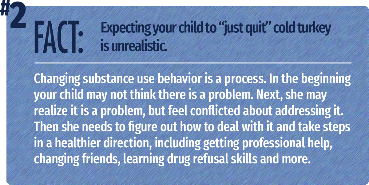 Changing substance use behavior is a process. In the beginning your child may not think there is a problem. Next, she may realize it is a problem, but feel conflicted about addressing it. Then she needs to figure out how to deal with it and take steps in a healthier direction, including getting professional help, changing friends, learning drug refusal skills and more.